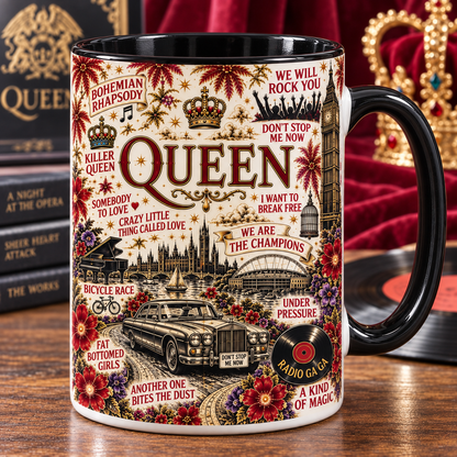 Queen Greatest Hits Mug – Bohemian Rhapsody, We Will Rock You & We Are the Champions Coffee Cup, Classic Rock Fan Gift