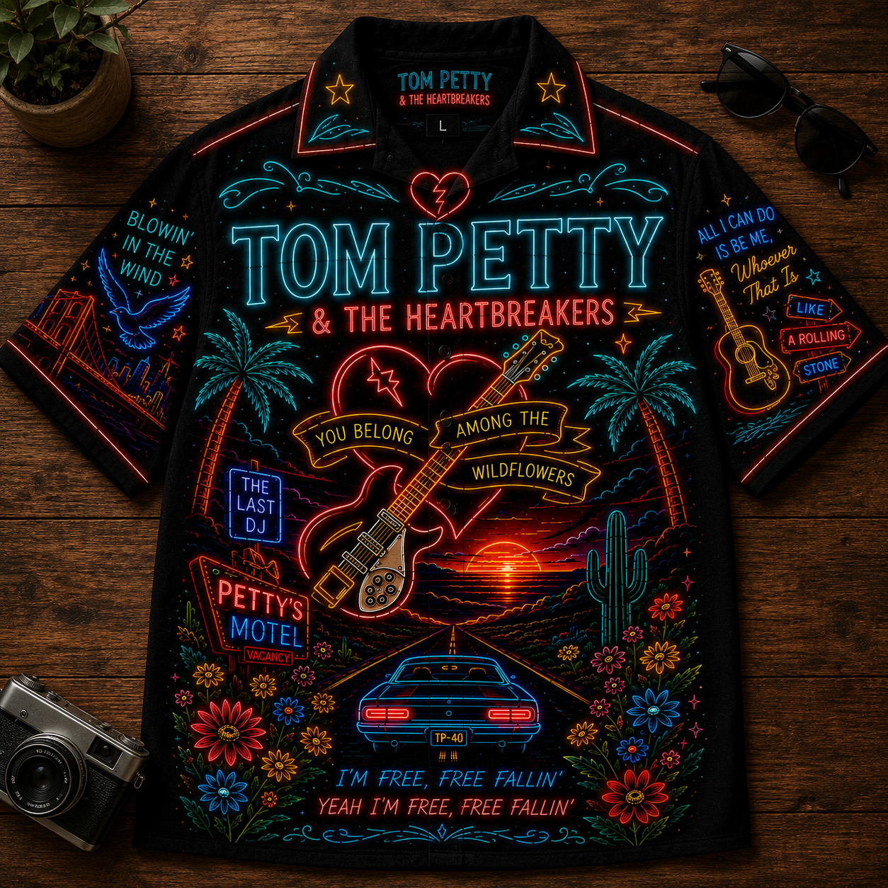 Tom Petty Hawaiian Shirt - Unisex Neon Winged Guitar Route 66 Button Up