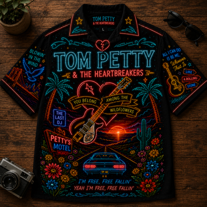 Tom Petty Hawaiian Shirt - Unisex Neon Winged Guitar Route 66 Button Up