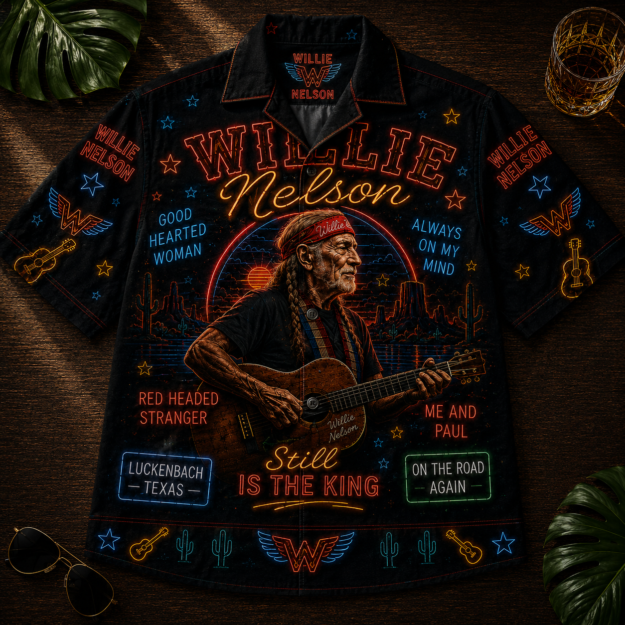 Willie Nelson Hawaiian Shirt - Unisex Neon Light Trigger Acoustic Guitar Button Up