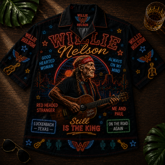 Willie Nelson Hawaiian Shirt - Unisex Neon Light Trigger Acoustic Guitar Button Up