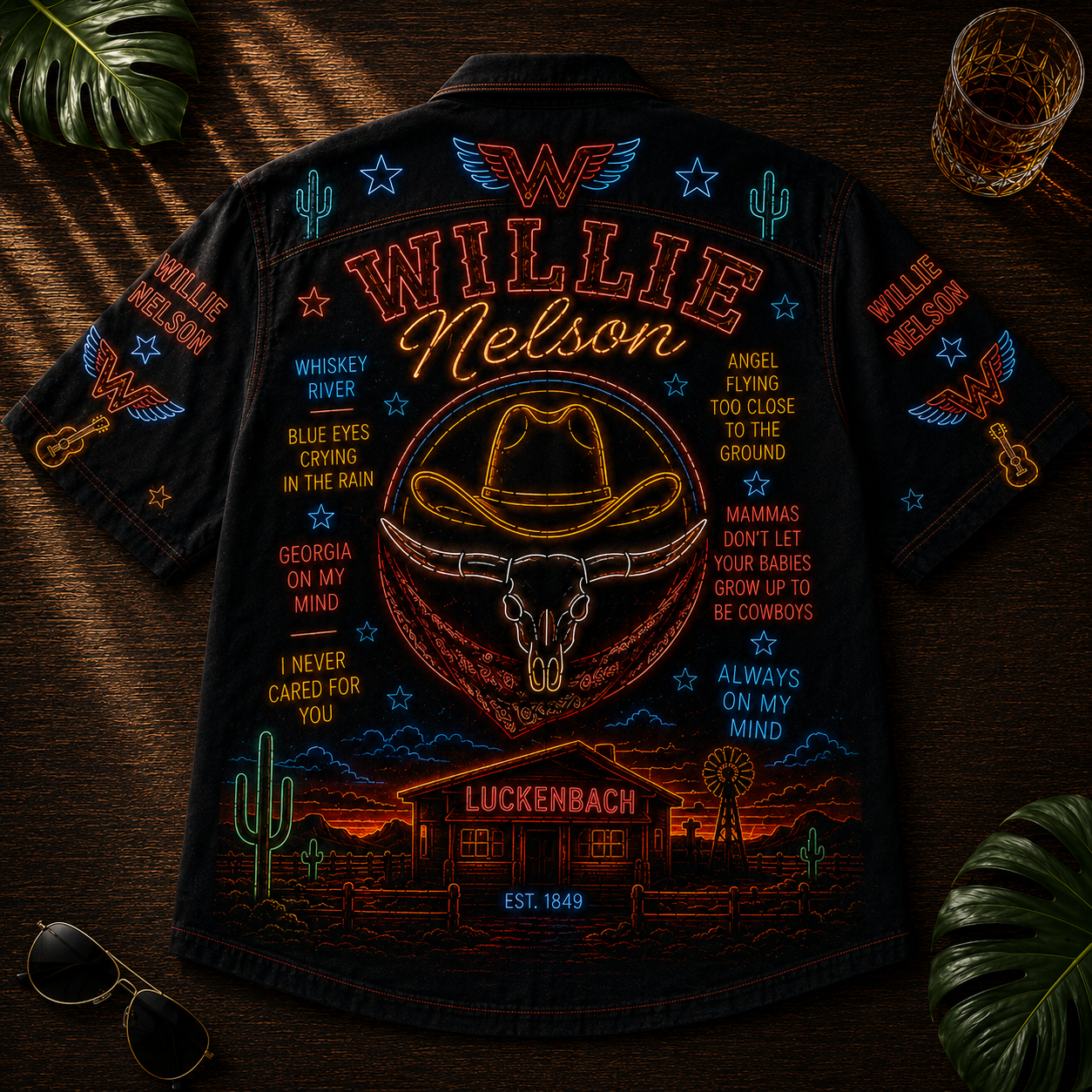 Willie Nelson Hawaiian Shirt - Unisex Neon Light Trigger Acoustic Guitar Button Up