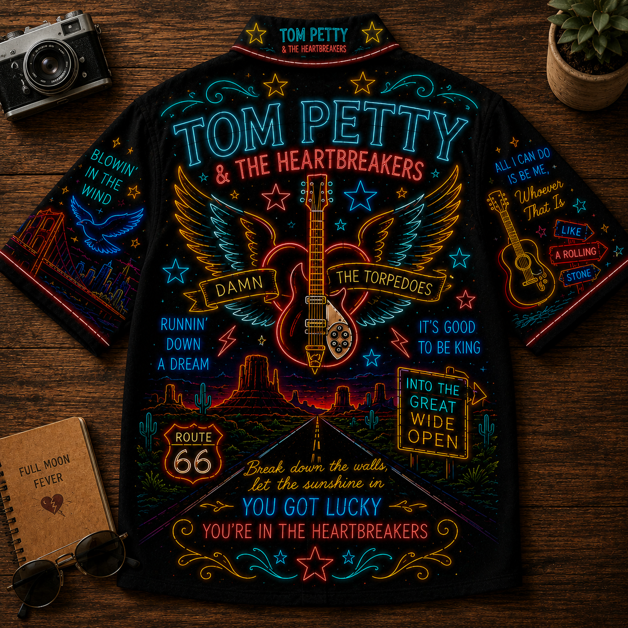Tom Petty Hawaiian Shirt - Unisex Neon Winged Guitar Route 66 Button Up