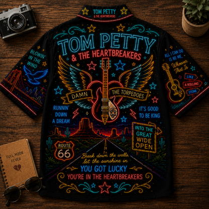 Tom Petty Hawaiian Shirt - Unisex Neon Winged Guitar Route 66 Button Up