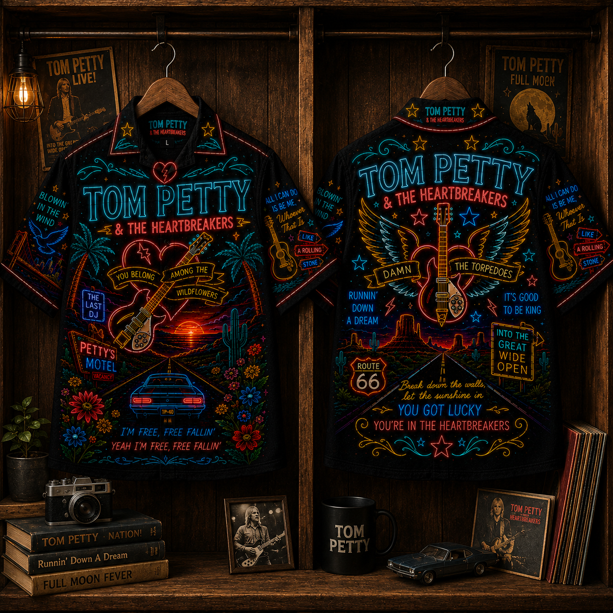 Tom Petty Hawaiian Shirt - Unisex Neon Winged Guitar Route 66 Button Up