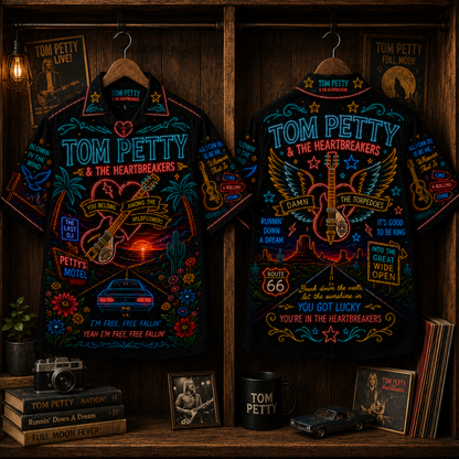 Tom Petty Hawaiian Shirt - Unisex Neon Winged Guitar Route 66 Button Up