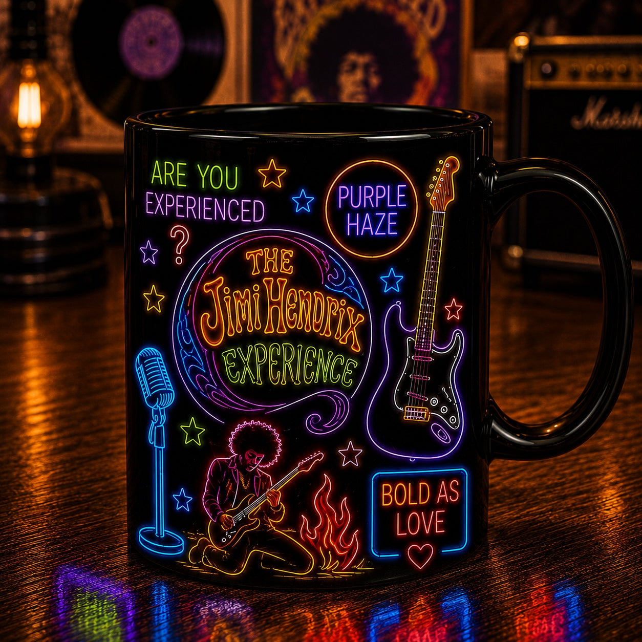 Jimi Hendrix Neon Sign Mug – Glowing Purple Haze Stratocaster Guitar Coffee Cup