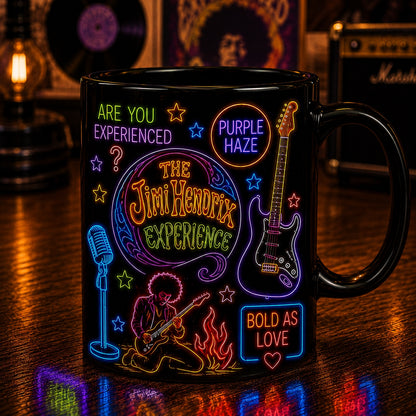Jimi Hendrix Neon Sign Mug – Glowing Purple Haze Stratocaster Guitar Coffee Cup