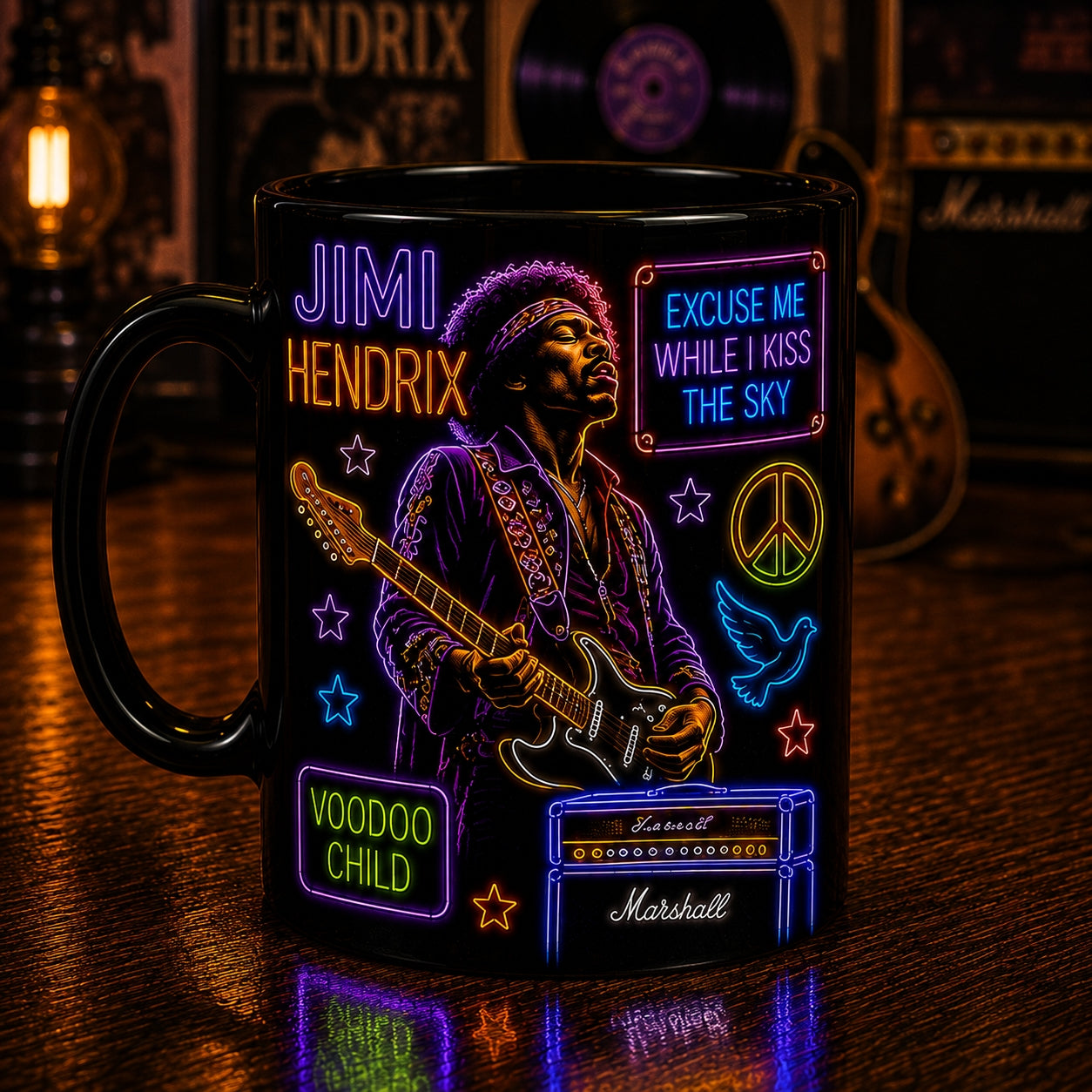 Jimi Hendrix Neon Sign Mug – Glowing Purple Haze Stratocaster Guitar Coffee Cup