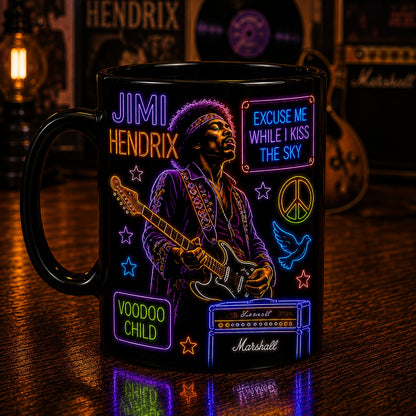 Jimi Hendrix Neon Sign Mug – Glowing Purple Haze Stratocaster Guitar Coffee Cup