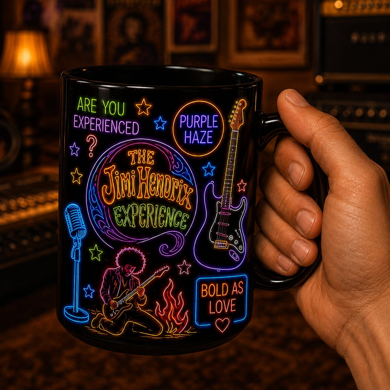 Jimi Hendrix Neon Sign Mug – Glowing Purple Haze Stratocaster Guitar Coffee Cup