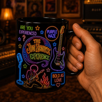 Jimi Hendrix Neon Sign Mug – Glowing Purple Haze Stratocaster Guitar Coffee Cup