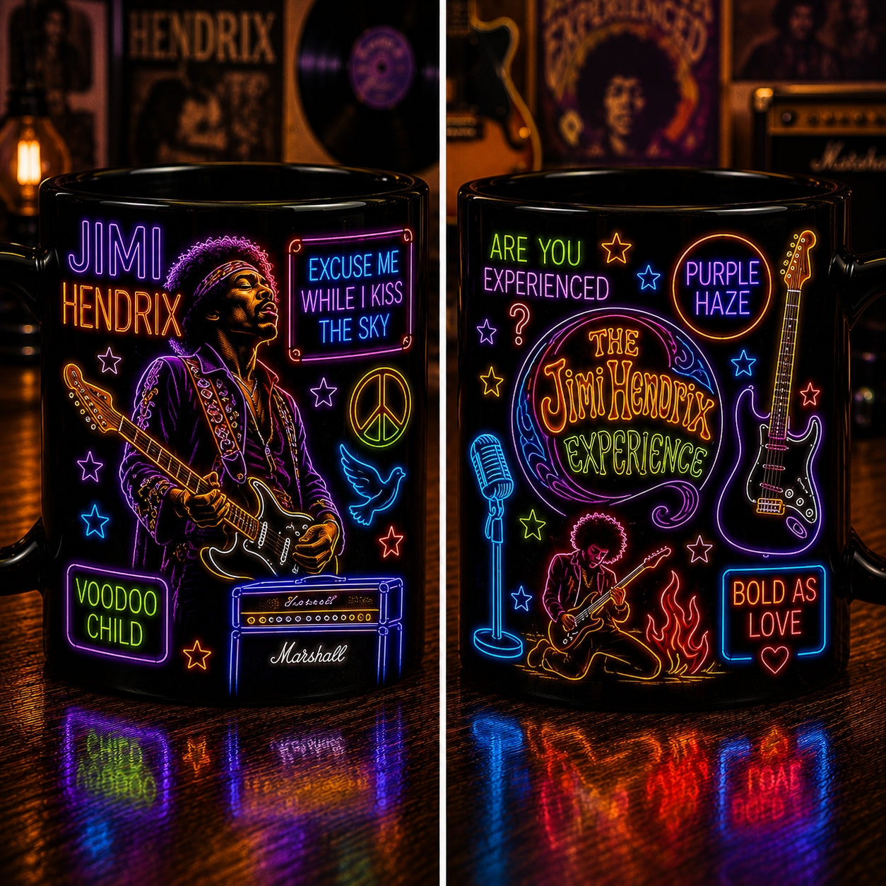 Jimi Hendrix Neon Sign Mug – Glowing Purple Haze Stratocaster Guitar Coffee Cup