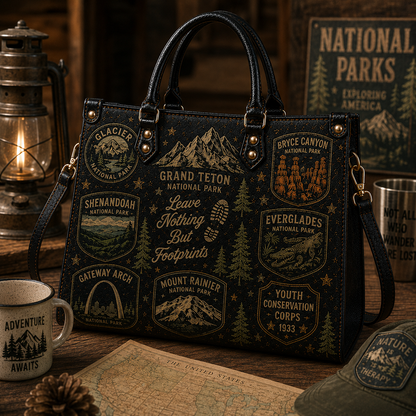US National Parks Faux Leather Handbag – Vintage Outdoors Adventure Shoulder Tote Bag