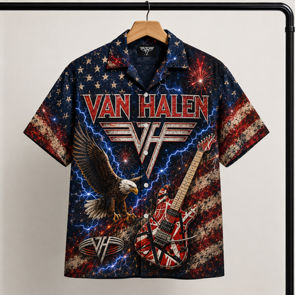 Van Halen Hawaiian Shirt - Patriotic Eagle and Frankenstrat Guitar Artwork