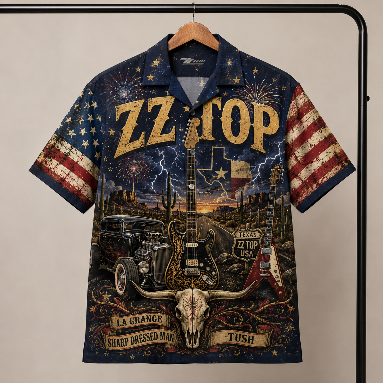 ZZ Top Hawaiian Shirt - Unisex Vintage Texas Longhorn Skull Hot Rod Car Button Up