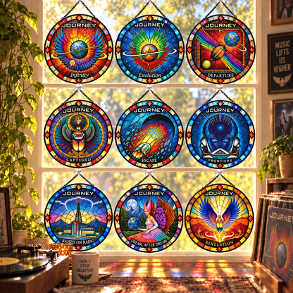 Journey Suncatcher, 9 Album Stained Glass Window Hanging, Infinity Escape Frontiers Classic Rock Music Gift