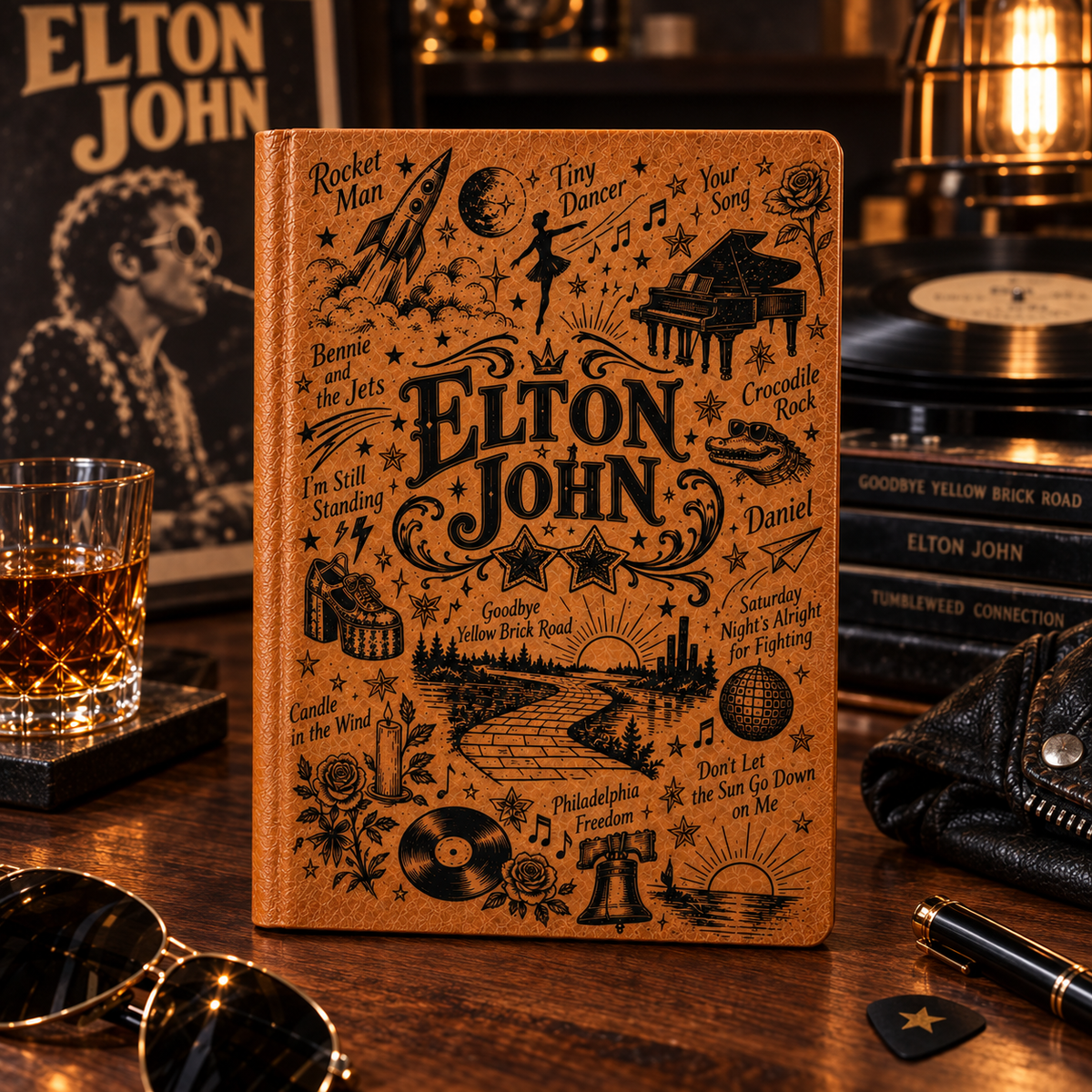 Elton John Vintage Vegan Leather Notebook – Classic Rock & Pop Music Journal & Diary
