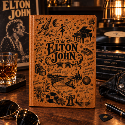Elton John Vintage Vegan Leather Notebook – Classic Rock & Pop Music Journal & Diary