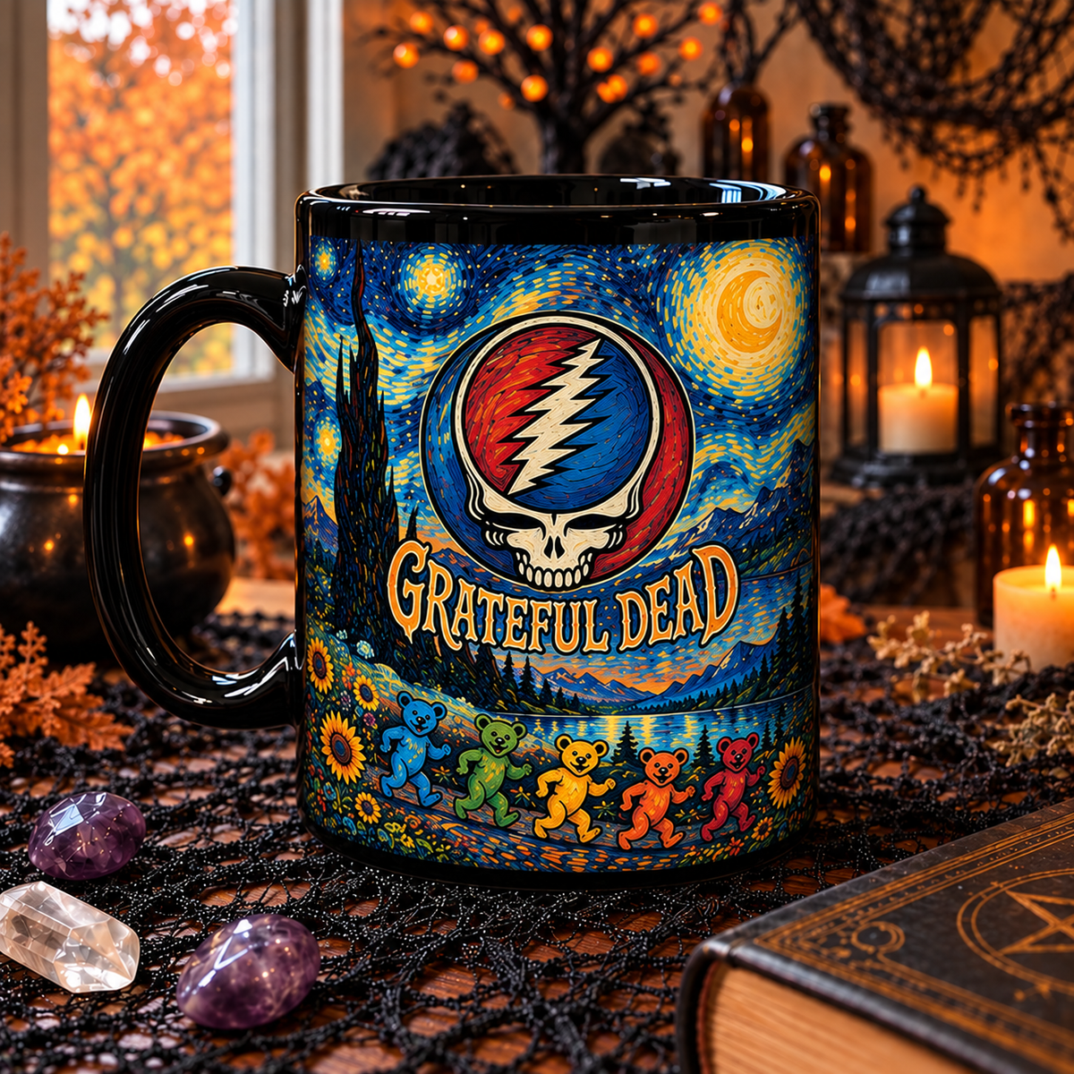 Grateful Dead Van Gogh Art Mug – Steal Your Face & Dancing Bears Starry Night Mug, Psychedelic Deadhead Coffee Cup, Rock Fan Gift