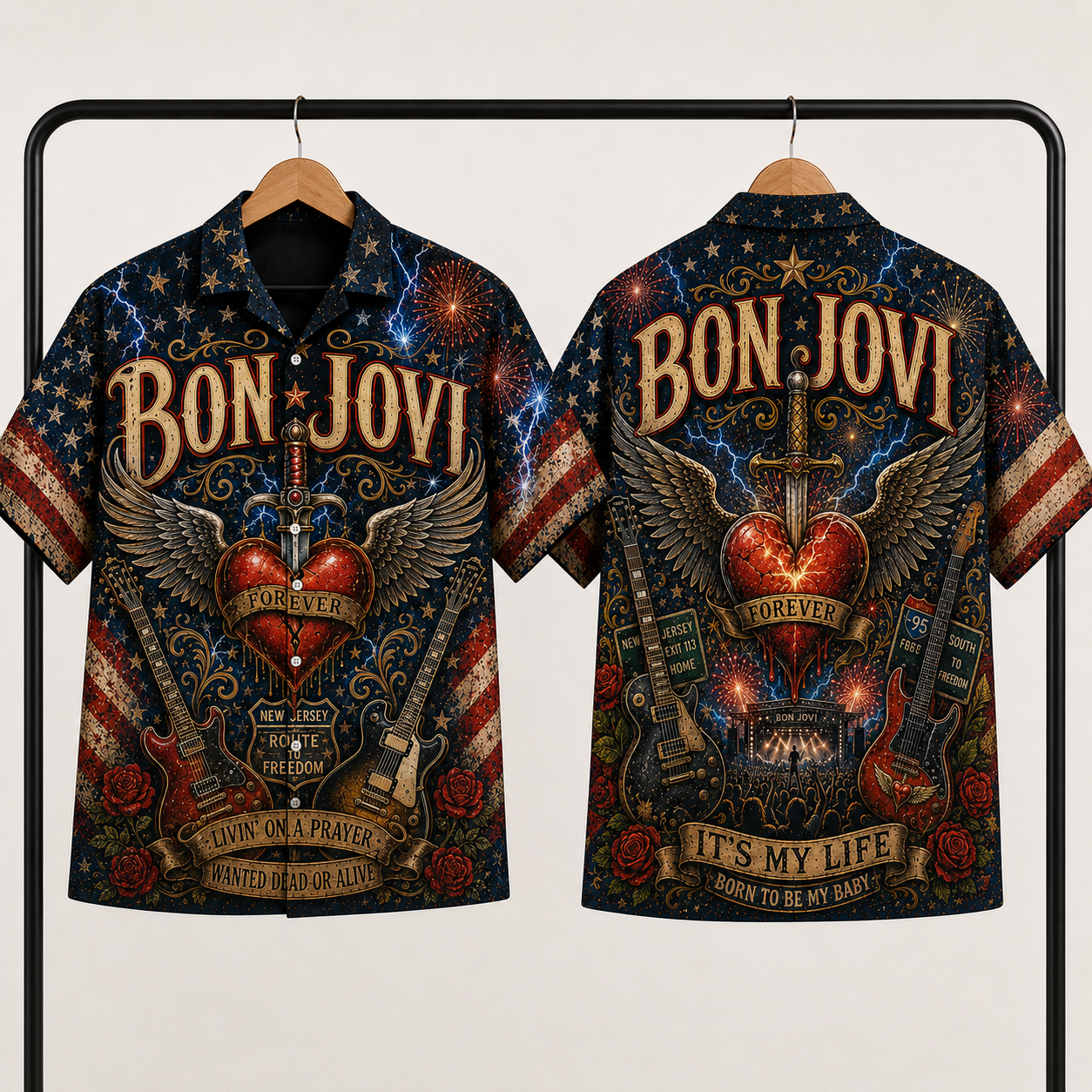 Bon Jovi Hawaiian Shirt - Unisex Vintage Winged Heart Dagger New Jersey Button Up