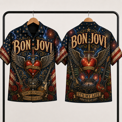 Bon Jovi Hawaiian Shirt - Unisex Vintage Winged Heart Dagger New Jersey Button Up