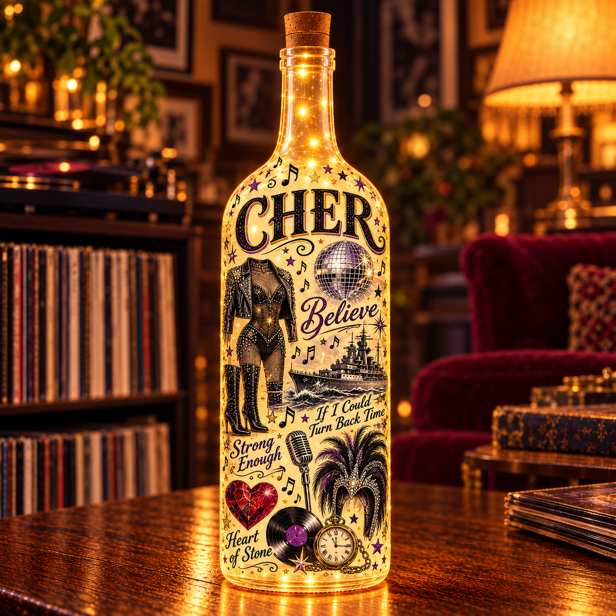 Cher Lighted Bottle Lamp, Believe Music Decor, Pop Icon LED Bottle Light, Cher Fan Gift, Retro Music Room Decor