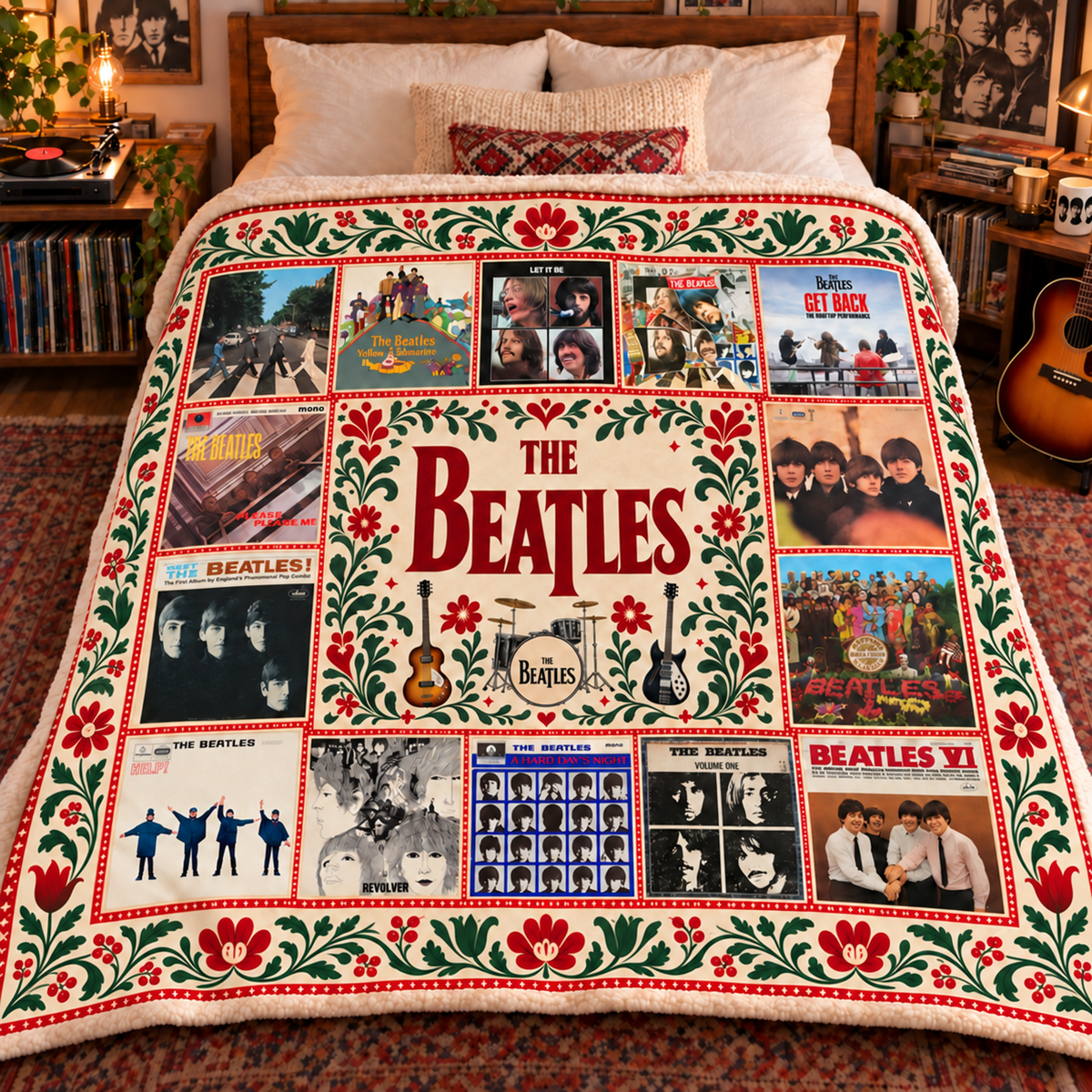 The Beatles Album Collection Sherpa Blanket – Abbey Road, Revolver, Sgt. Pepper & Let It Be Classic Rock Fleece Throw for Beatles Fans