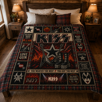 KISS Quilt Blanket – Vintage Rock Band Sherpa Throw, Patchwork Guitar Bedding, Classic Rock Fan Gift, Cozy Music Blanket