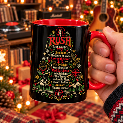 Rush Christmas Tree Mug, 2112 Holiday Coffee Cup, Tom Sawyer Fan Gift, Progressive Rock Christmas Mug, Rush Music Lover Gift