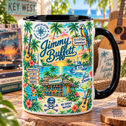 Jimmy Buffett Tropical Mug – Mother Mother Ocean, Fins to the Left & Key West Beach Coffee Cup, Parrothead Coastal Music Gift
