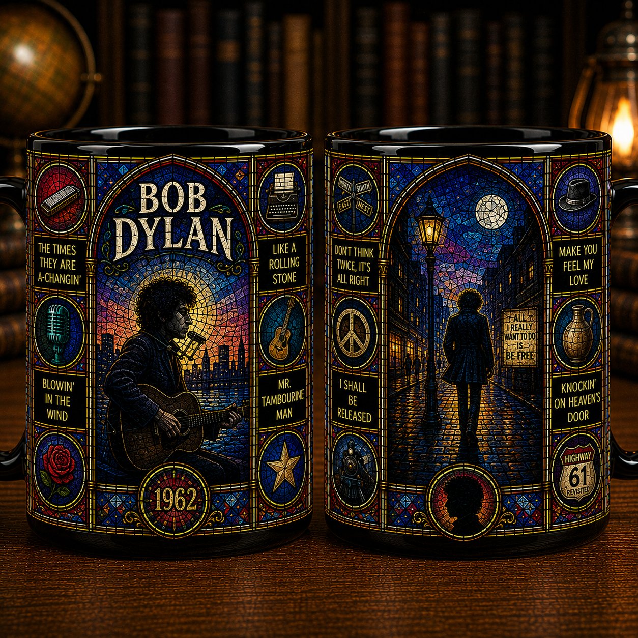 Bob Dylan Stained Glass Black Mug – Bob Dylan Ceramic Coffee Mug, Folk Rock Music Lover Gift