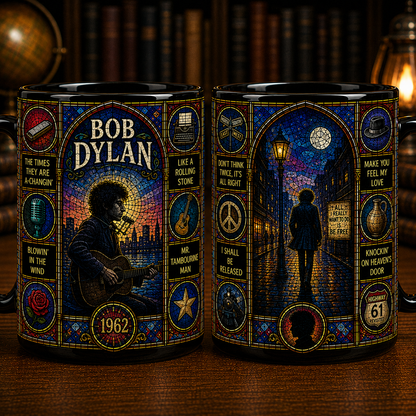 Bob Dylan Stained Glass Black Mug – Bob Dylan Ceramic Coffee Mug, Folk Rock Music Lover Gift