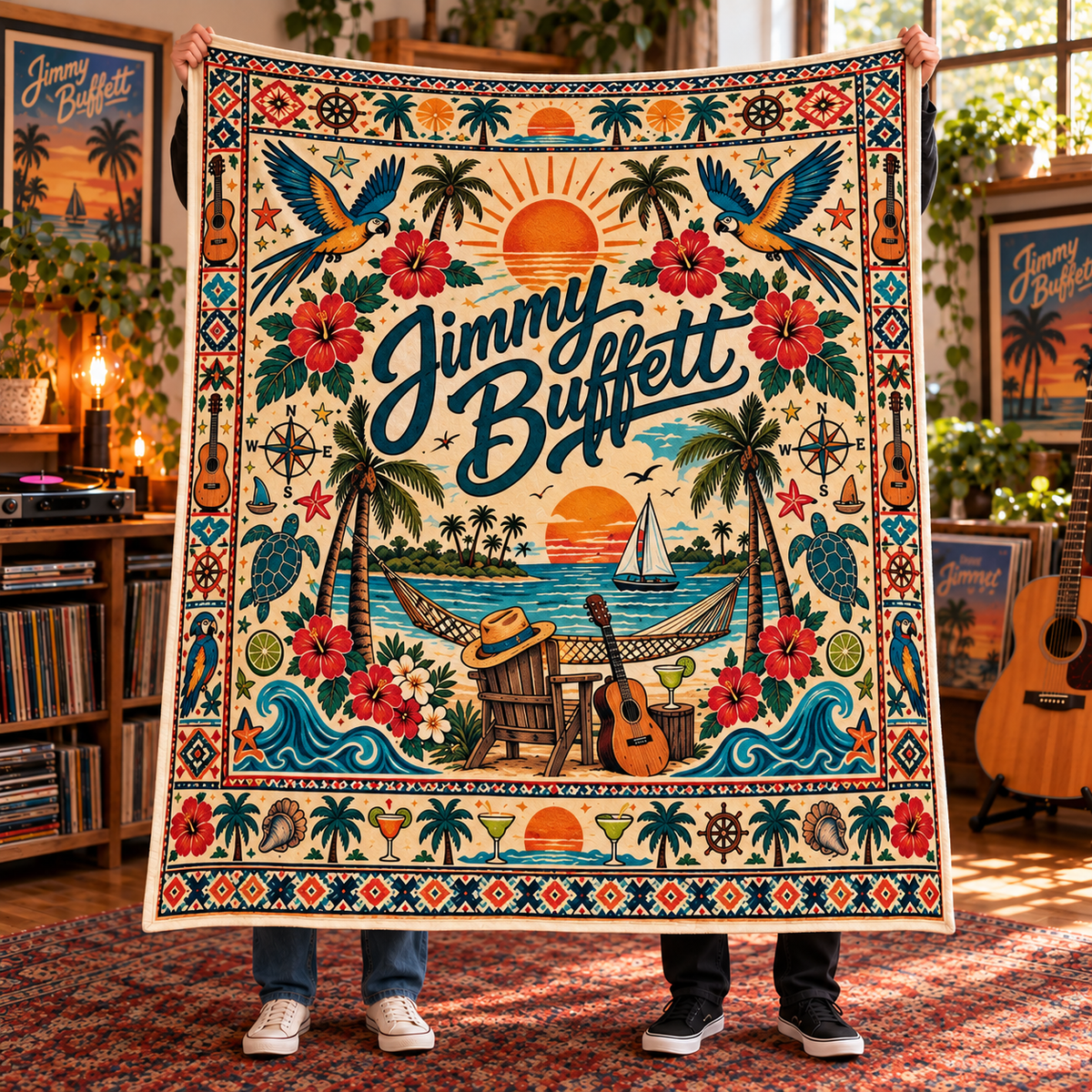 Jimmy Buffett Sherpa Blanket – Tropical Parrothead Fleece Throw, Beach Music Decor, Island Style Gift for Jimmy Buffett Fans & Parrotheads