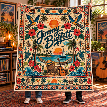 Jimmy Buffett Sherpa Blanket – Tropical Parrothead Fleece Throw, Beach Music Decor, Island Style Gift for Jimmy Buffett Fans & Parrotheads