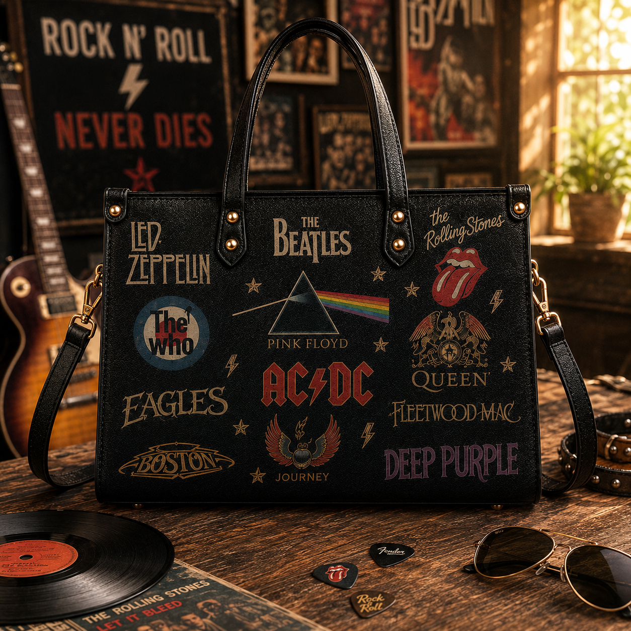 Classic Rock Legends Faux Leather Handbag – Vintage Rock Band Shoulder Tote Bag for Music Lovers