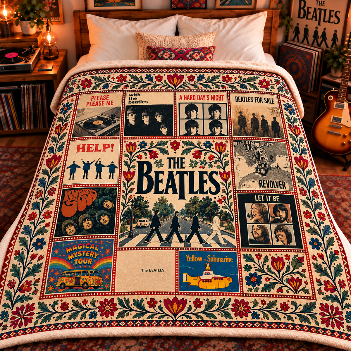 The Beatles Album Collection Sherpa Blanket – Abbey Road, Revolver & Yellow Submarine Fleece Throw, Classic Rock Gift for Beatles Fans