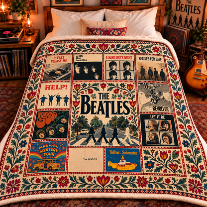 The Beatles Album Collection Sherpa Blanket – Abbey Road, Revolver & Yellow Submarine Fleece Throw, Classic Rock Gift for Beatles Fans