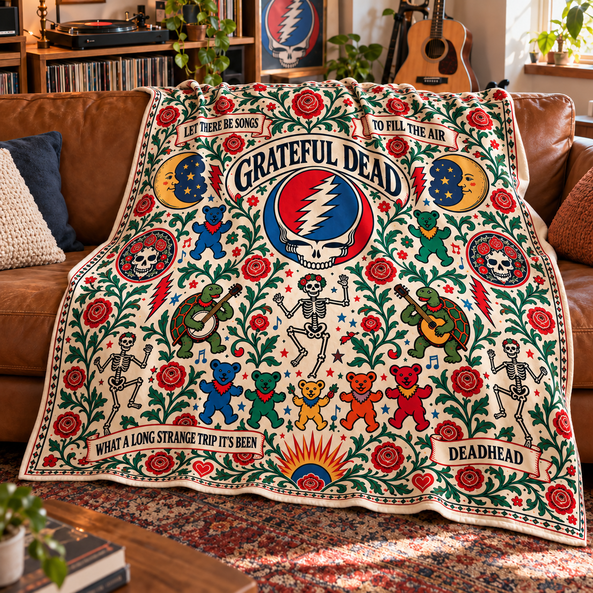 Grateful Dead Sherpa Blanket – Steal Your Face, Dancing Bears & Roses Fleece Throw, Deadhead Gift, Psychedelic Rock Music Decor
