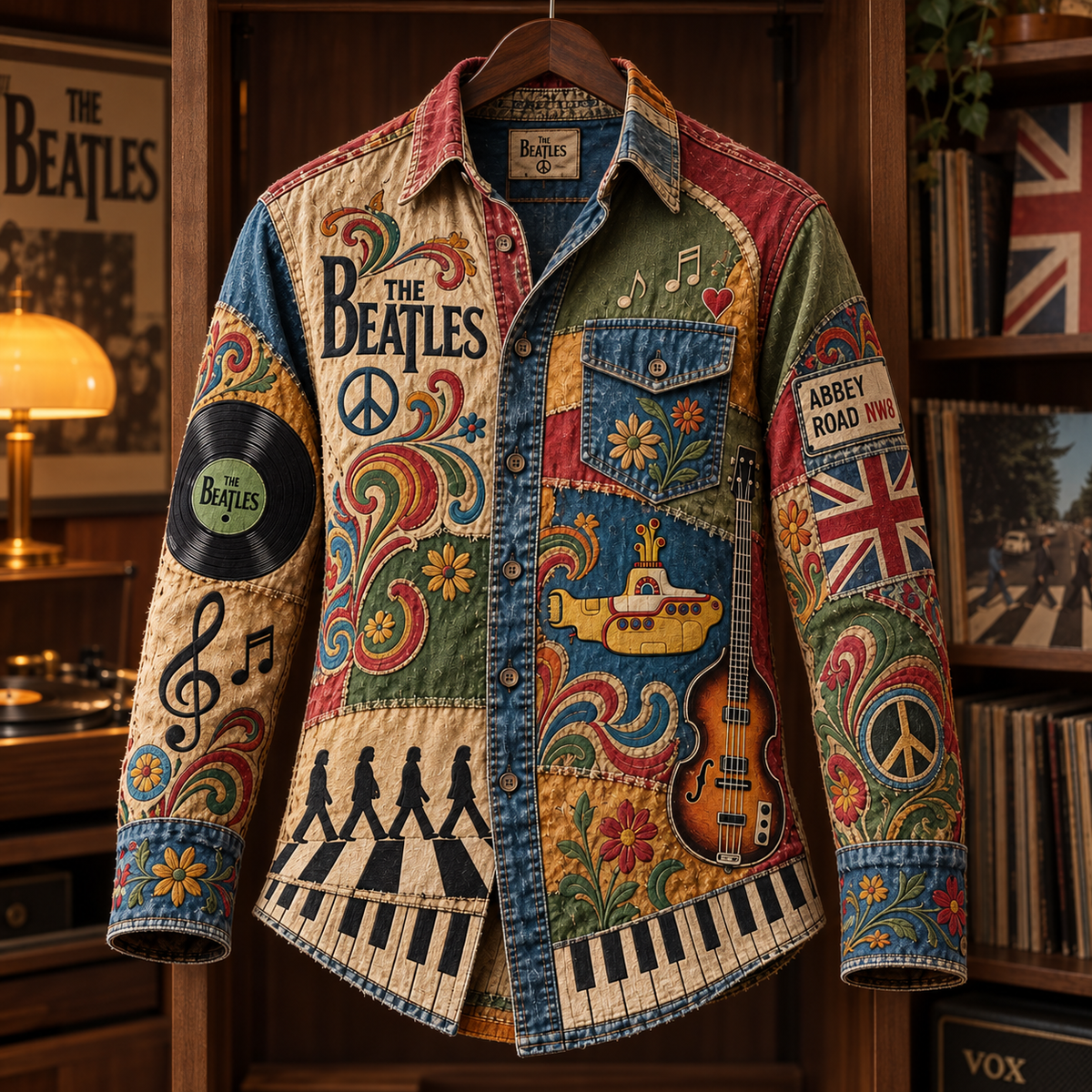 The Beatles Patchwork Long Sleeve Shirt – Abbey Road, Yellow Submarine & Vintage Psychedelic Button Up, Retro Beatles Fan Gift