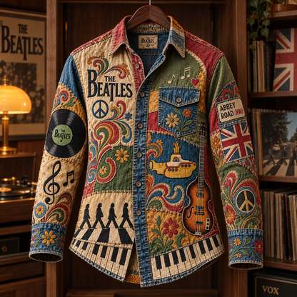 The Beatles Patchwork Long Sleeve Shirt – Abbey Road, Yellow Submarine & Vintage Psychedelic Button Up, Retro Beatles Fan Gift
