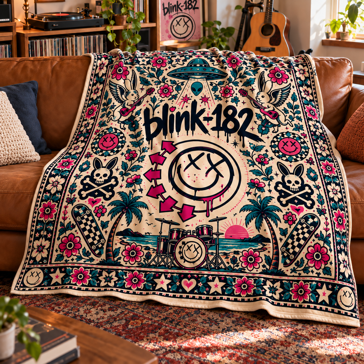 Blink-182 Sherpa Blanket – Pop Punk Smiley Face Fleece Throw, Skate Punk Music Room Decor, Gift for Blink-182 Fans & Rock Lovers