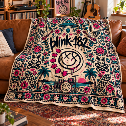 Blink-182 Sherpa Blanket – Pop Punk Smiley Face Fleece Throw, Skate Punk Music Room Decor, Gift for Blink-182 Fans & Rock Lovers