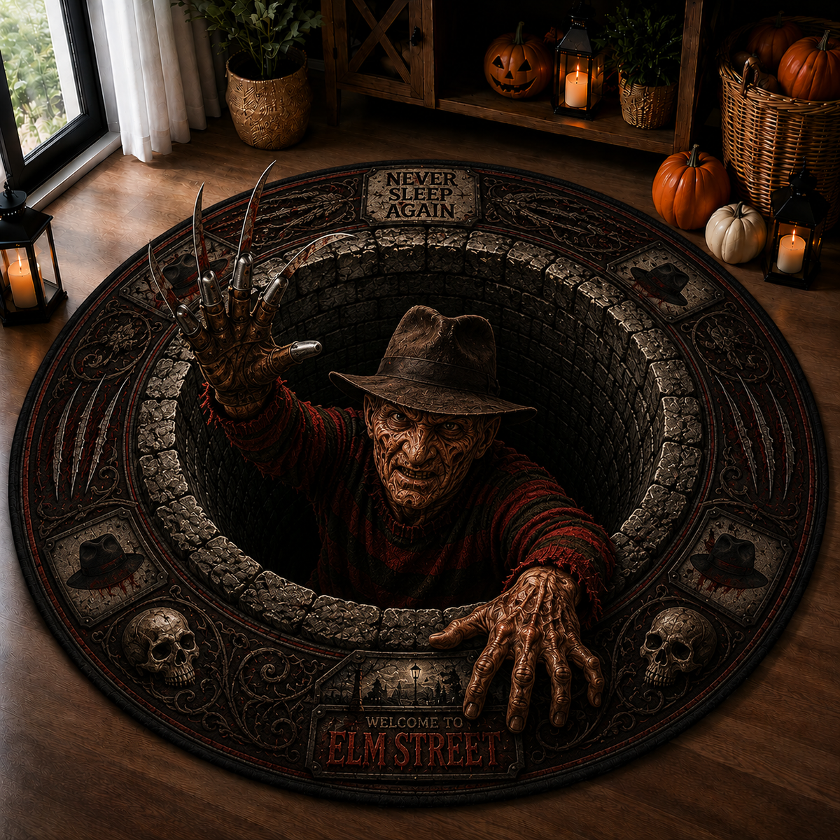 Freddy Krueger Horror Rug – Never Sleep Again Elm Street Gothic Area Rug, Nightmare Halloween Decor