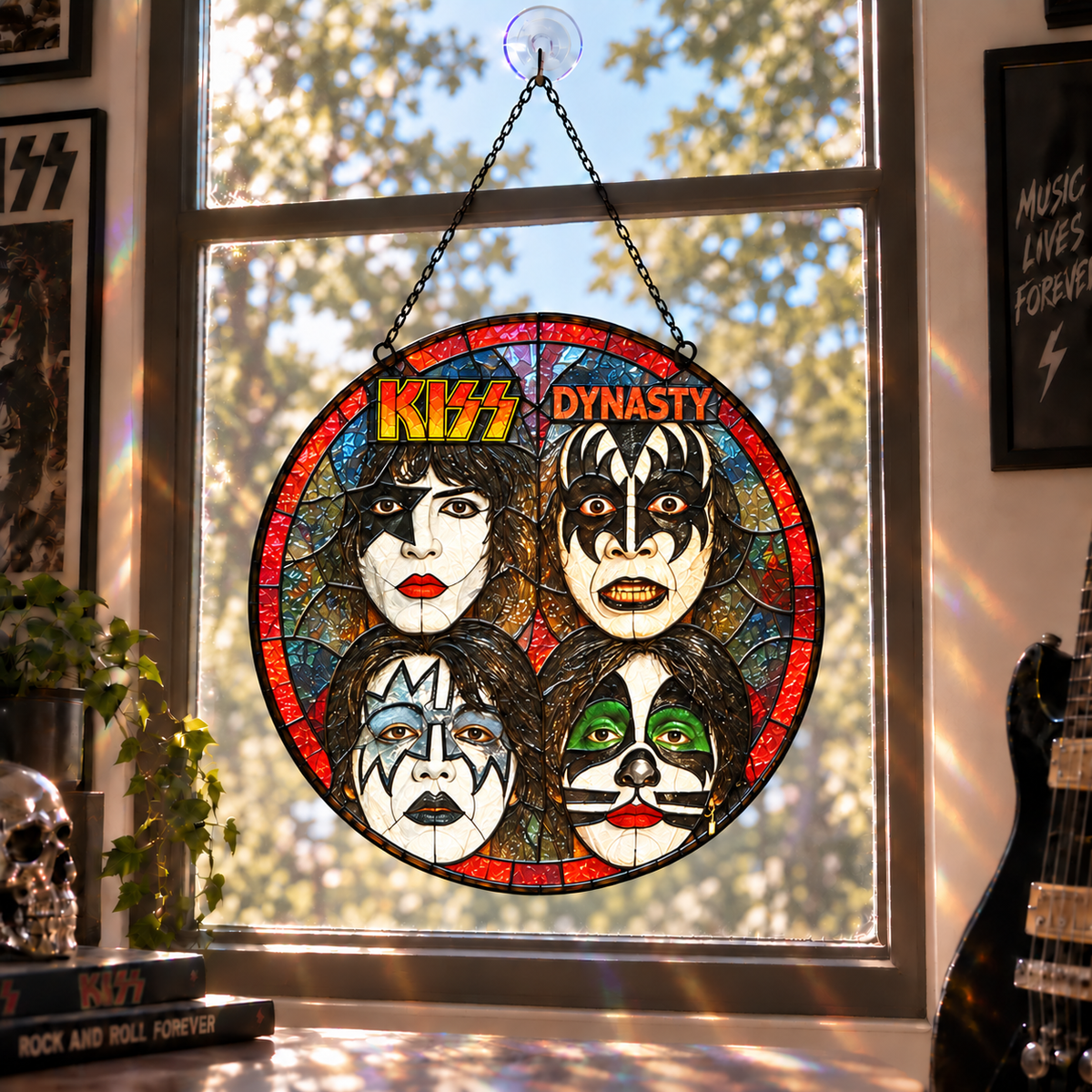 KISS Band Stained Glass Suncatcher – Glam Rock Music Window Hanging Gift for KISS Army