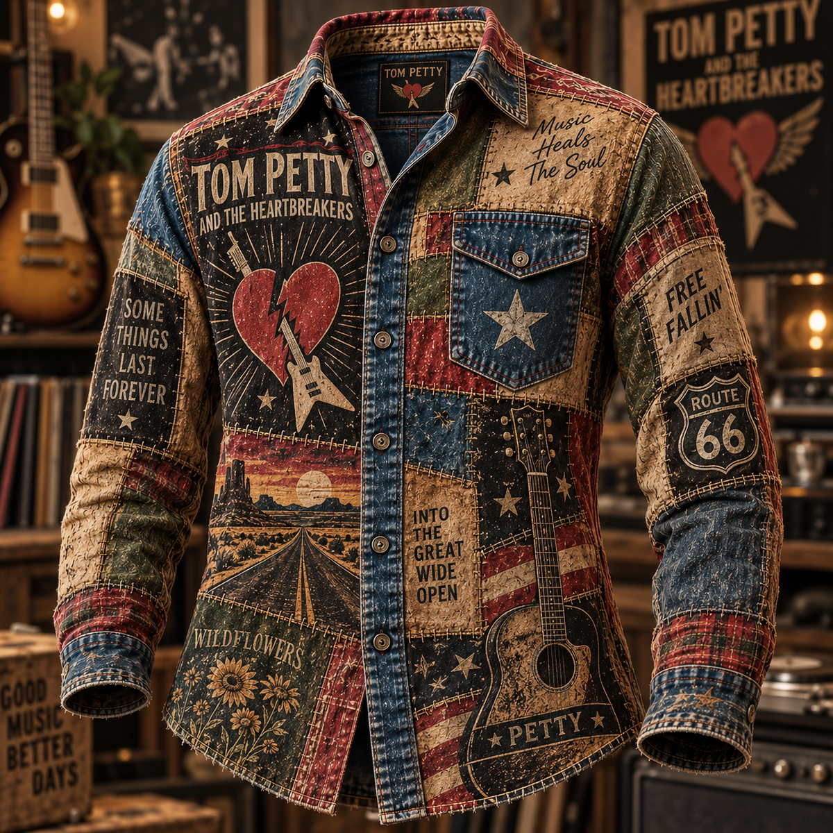 Tom Petty Patchwork Long Sleeve Shirt – Wildflowers, Free Fallin’ & Route 66 Americana Rock Button Up, Heartbreakers Fan Gift