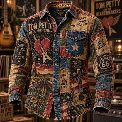 Tom Petty Patchwork Long Sleeve Shirt – Wildflowers, Free Fallin’ & Route 66 Americana Rock Button Up, Heartbreakers Fan Gift