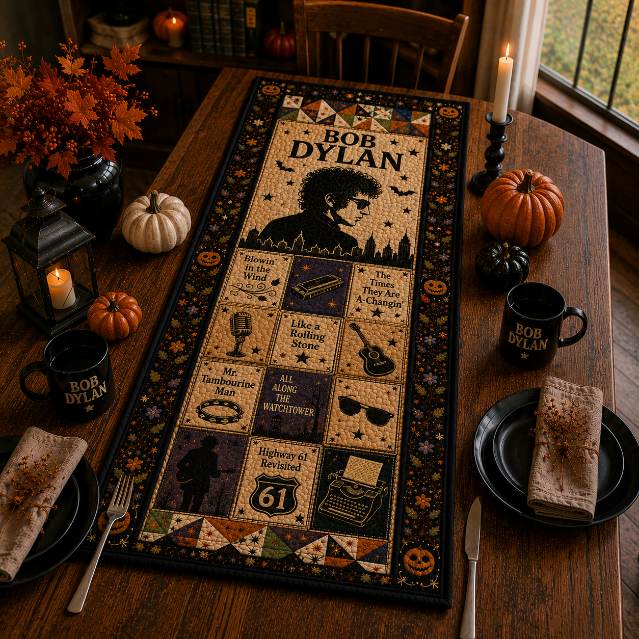Bob Dylan Halloween Table Runner – Quilted Folk Rock Table Decor for Fall & Halloween