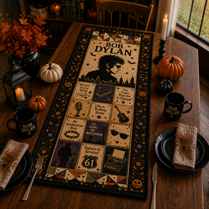 Bob Dylan Halloween Table Runner – Quilted Folk Rock Table Decor for Fall & Halloween