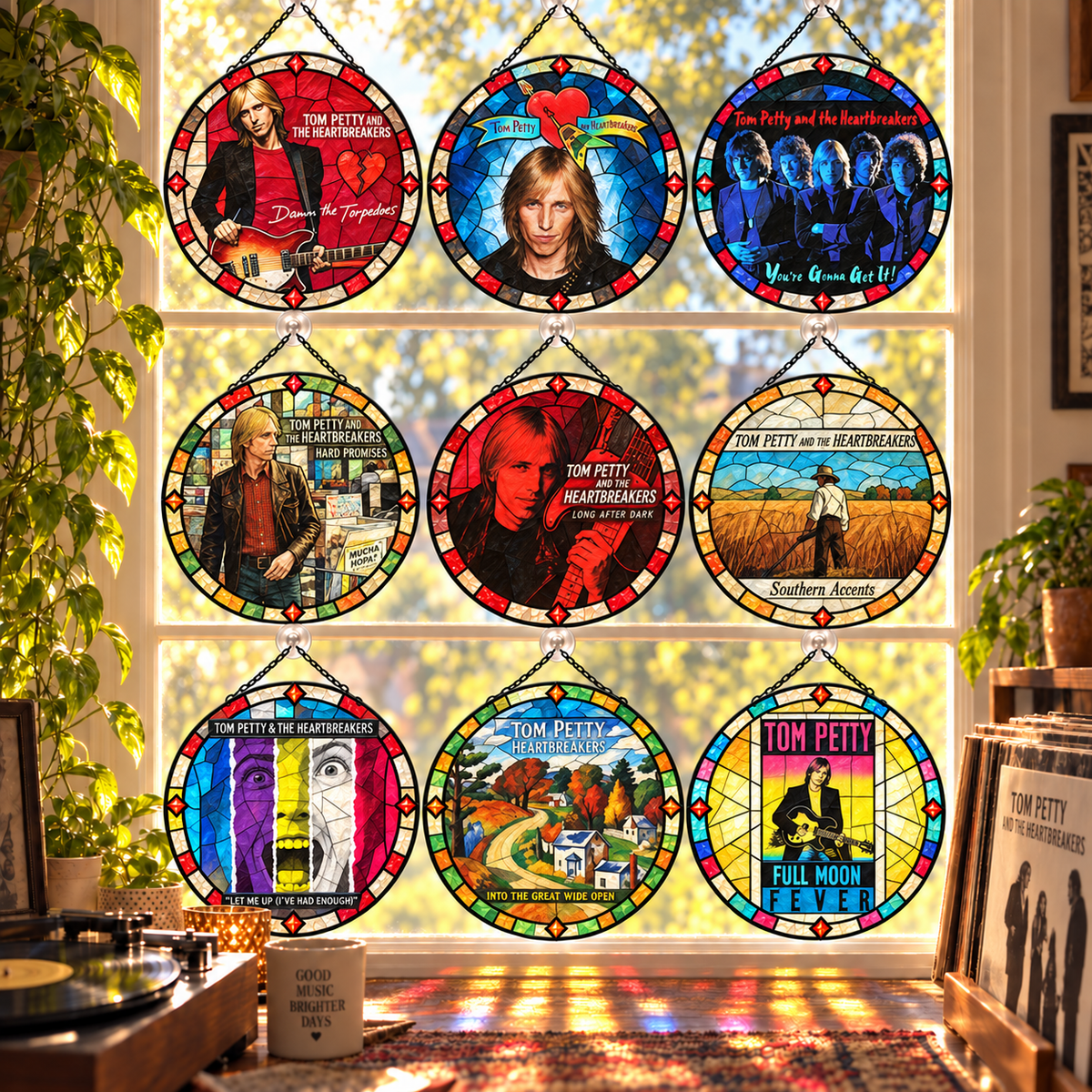 Tom Petty & The Heartbreakers Suncatcher, 9 Album Stained Glass Window Hanging, Classic Rock Music Gift